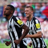 Alexander Isak of Newcastle United celebrates after scoring their sides first goal during the Premier League match between West Ham United and Newcastle United at London Stadium on October 08, 2023 in London, England.