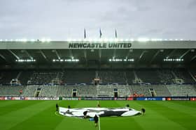 : A general view inside the stadium as a UEFA Champions League logo is seen on the pitch prior to the UEFA Champions League match between Newcastle United FC and Paris Saint-Germain at St. James Park on October 04, 2023 in Newcastle upon Tyne, England. (Photo by Michael Regan/Getty Images)