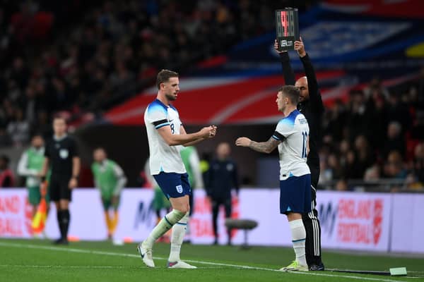 Jordan Henderson gives the captains armband to Kieran Trippier of England as they are substituted during the international friendly match between England and Australia at Wembley Stadium (Photo by Justin Setterfield/Getty Images)