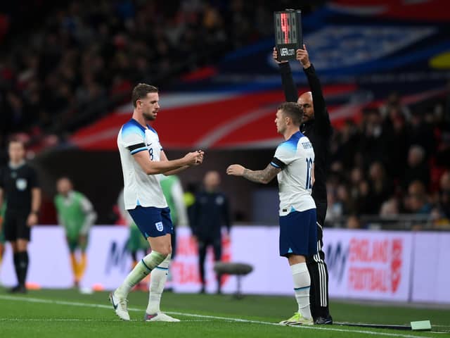 Jordan Henderson gives the captains armband to Kieran Trippier of England as they are substituted during the international friendly match between England and Australia at Wembley Stadium (Photo by Justin Setterfield/Getty Images)