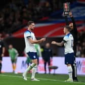 ordan Henderson gives the captains armband to Kieran Trippier of England as they are substituted during the international friendly match between England and Australia at Wembley Stadium on October 13, 2023 in London, England. (Photo by Justin Setterfield/Getty Images)