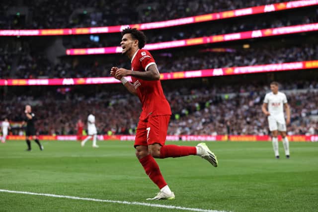 Luis Diaz of Liverpool reacts after a goal was rules offside during the Premier League match between Tottenham Hotspur and Liverpool FC at Tottenham Hotspur Stadium on September 30, 2023 in London, England. (Photo by Ryan Pierse/Getty Images)