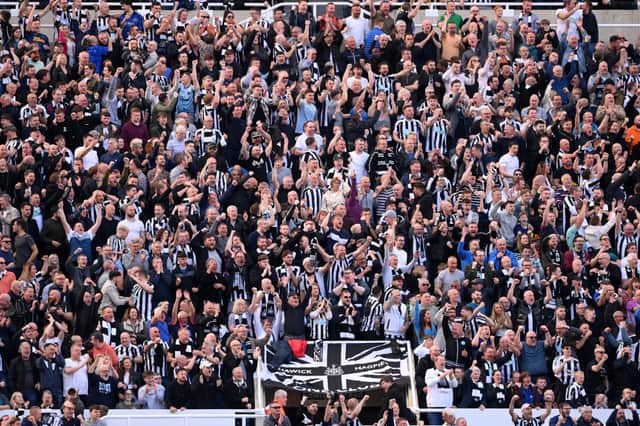 : A general view of fans of Newcastle United as they react after Newcastle United are awarded a penalty, which is later ruled out following a VAR Review, during the Premier League match between Newcastle United and Arsenal FC at St. James Park on May 07, 2023 in Newcastle upon Tyne, England. (Photo by Stu Forster/Getty Images)