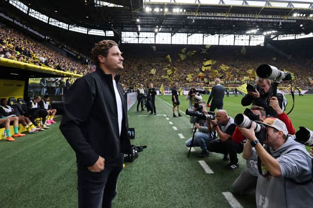 Edin Terzic, Head Coach of Borussia Dortmund, is photographed as he looks on prior to the Bundesliga match between Borussia Dortmund and VfL Wolfsburg at Signal Iduna Park on September 23, 2023 in Dortmund, Germany. 