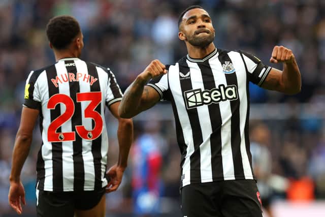 Callum Wilson of Newcastle United celebrates after scoring the team’s fourth goal during the Premier League match between Newcastle United and Crystal Palace at St. James Park on October 21, 2023 in Newcastle upon Tyne, England.