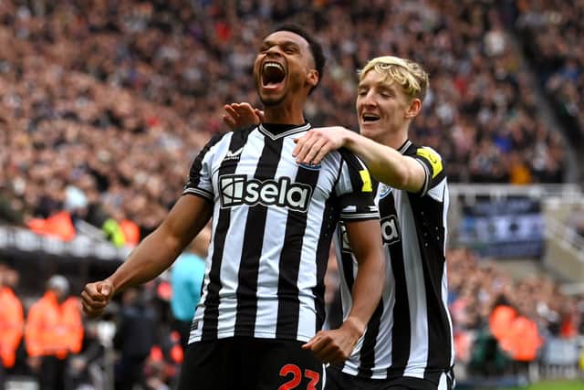  Jacob Murphy of Newcastle United celebrates after scoring the team's first goal with teammate Anthony Gordon during the Premier League match between Newcastle United and Crystal Palace at St. James Park on October 21, 2023 in Newcastle upon Tyne, England. (Photo by Stu Forster/Getty Images)