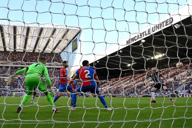 Anthony Gordon of Newcastle United scores the team's second goal as Sam Johnstone and Joel Ward of Crystal Palace look on during the Premier League match between Newcastle United and Crystal Palace at St. James Park on October 21, 2023 in Newcastle upon Tyne, England. (Photo by Stu Forster/Getty Images)