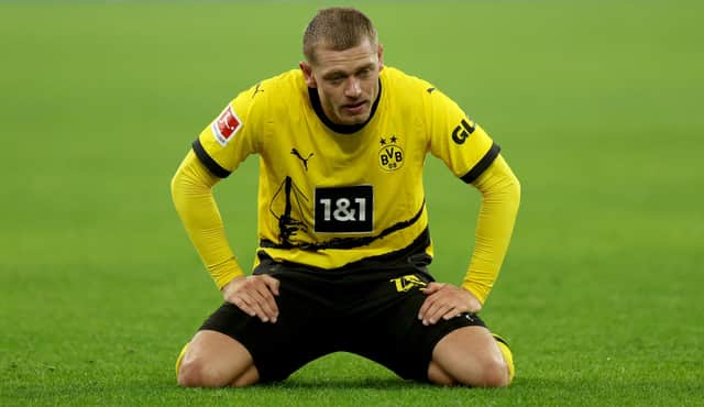 Julian Ryerson of Borussia Dortmund reacts during the Bundesliga match between Borussia Dortmund and SV Werder Bremen at Signal Iduna Park on October 20, 2023 in Dortmund, Germany. (Photo by Lars Baron/Getty Images)