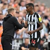  Alexander Isak of Newcastle United is embraced by manager Eddie Howe following his substitution during the Premier League match between Newcastle United and Aston Villa at St. James Park on August 12, 2023 in Newcastle upon Tyne, England. (Photo by Stu Forster/Getty Images)