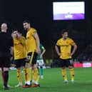 Wolves players appeal to English referee Anthony Taylor as the VAR (Video Assistant Referee) analyses a possible penalty offence from Wolverhampton Wanderers' South Korean striker #11 Hwang Hee-chan (R) during the English Premier League football match between Wolverhampton Wanderers and Newcastle United at the Molineux stadium in Wolverhampton, central England on October 28, 2023. (Photo by Adrian DENNIS / AFP) 