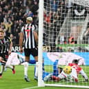 Anthony Gordon of Newcastle United celebrates after scoring the team’s first goal during the Premier League match between Newcastle United and Arsenal FC at St. James Park on November 04, 2023 in Newcastle upon Tyne, England. 