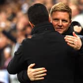 Newcastle United manager Eddie Howe with Mikel Arteta of Arsenal.