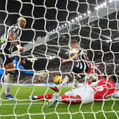 Newcastle player Joelinton and Arsenal defender Gabriel look on as Anthony Gordon fires home past David Raya for the Newcastle winning goal during the Premier League match between Newcastle United and Arsenal FC at St. James Park. (Photo by Stu Forster/Getty Images)