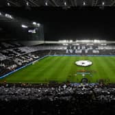 General view inside the stadium as players of Newcastle United and Borussia Dortmund enter the pitch prior to the UEFA Champions League match between Newcastle United FC and Borussia Dortmund at St. James Park on October 25, 2023 in Newcastle upon Tyne, England. (Photo by Michael Regan/Getty Images)