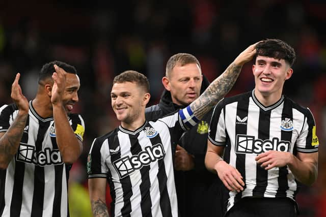 Newcastle United duo Kieran Trippier & Tino Livramento. (Photo by Stu Forster/Getty Images)