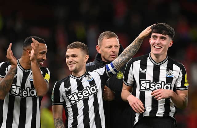 Newcastle United duo Kieran Trippier & Tino Livramento. (Photo by Stu Forster/Getty Images)