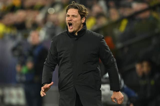 Dortmund’s German head coach Edin Terzic reacts from the sidelines during the UEFA Champions League Group F football match between BVB Borussia Dortmund and Newcastle United FC in Dortmund, western Germany on November 7, 2023. (Photo by INA FASSBENDER / AFP) 