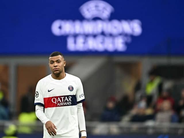 Paris Saint-Germain's French forward #07 Kylian Mbappe looks on during the UEFA Champions League 1st round group F football match between AC Milan and Paris Saint-Germain at the San Siro stadium in Milan on November 7, 2023. (Photo by GABRIEL BOUYS / AFP) (Photo by GABRIEL BOUYS/AFP via Getty Images)