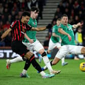 Dominic Solanke of AFC Bournemouth scores the team's first goal during the Premier League match between AFC Bournemouth and Newcastle United at Vitality Stadium on November 11, 2023 in Bournemouth, England.