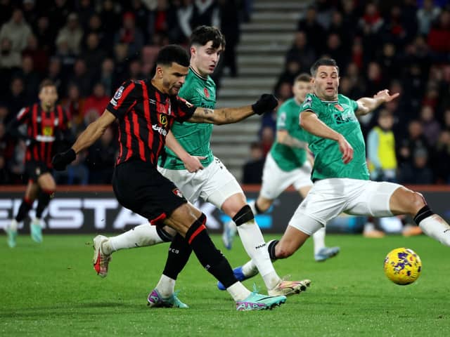 Dominic Solanke of AFC Bournemouth scores the team's first goal during the Premier League match between AFC Bournemouth and Newcastle United at Vitality Stadium on November 11, 2023 in Bournemouth, England.