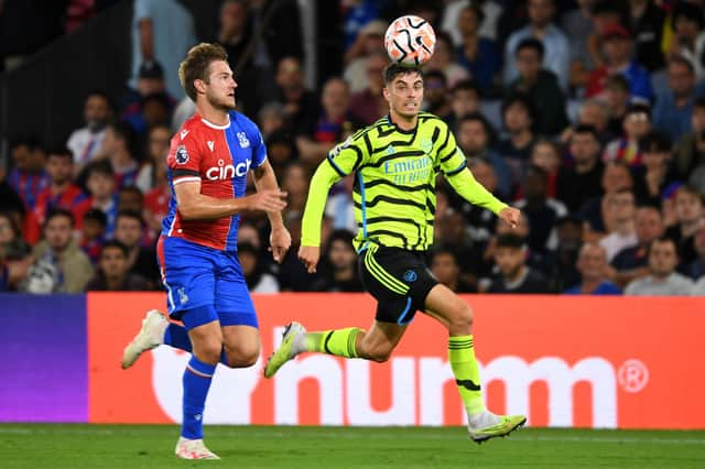 Kai Havertz of Arsenal and Joachim Andersen of Crystal Palace chase the ball during the Premier League match between Crystal Palace and Arsenal FC. (Arsenal FC via Getty Images)