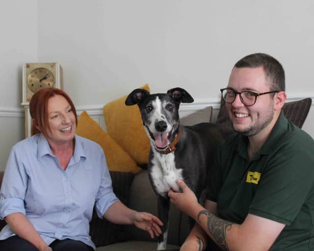Badger Adoption Day in new home - Dogs Trust Darlington- Jacqui, Badger & Jacob Sahadeo