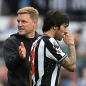 Sandro Tonali and Eddie Howe, Manager of Newcastle United, react after the team's victory in the Premier League match between Newcastle United and Aston Villa.(Photo by Stu Forster/Getty Images)