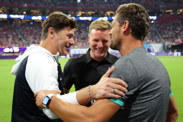 Mauricio Pochettino, Manager of Chelsea, interacts with Eddie Howe, Manager of Newcastle United,  prior to the Premier League Summer Series match between Chelsea FC and Newcastle United. (Photo by Kevin C. Cox/Getty Images for Premier League)