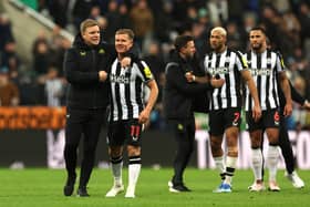 Eddie Howe, Manager of Newcastle United, embraces Matt Ritchie following the team's victory during the Premier League match between Newcastle United and Chelsea. (Photo by Ian MacNicol/Getty Images)