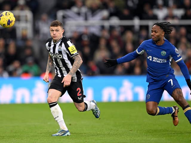 Kieran Trippier of Newcastle United in action watched by Raheem Sterling during the Premier League match between Newcastle United and Chelsea. (Photo by Stu Forster/Getty Images)