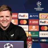 Newcastle United's English head coach Eddie Howe smiles as he talks to the media during a press conference at the Parc des Princes Stadium in Paris on November 27, 2023 on the eve of their UEFA Champions League football match against Paris Saint-Germain. (Photo by FRANCK FIFE / AFP) (Photo by FRANCK FIFE/AFP via Getty Images)