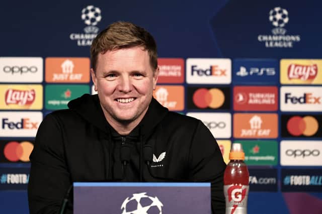 Newcastle United's English head coach Eddie Howe smiles as he talks to the media during a press conference at the Parc des Princes Stadium in Paris on November 27, 2023 on the eve of their UEFA Champions League football match against Paris Saint-Germain. (Photo by FRANCK FIFE / AFP) (Photo by FRANCK FIFE/AFP via Getty Images)