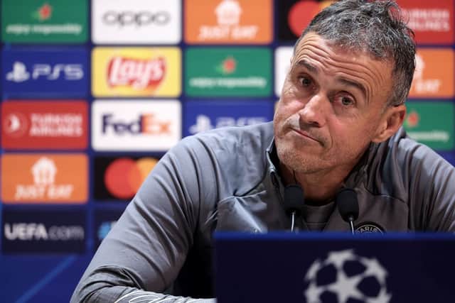 Paris Saint-Germain's Spanish head coach Luis Enrique gives a press conference in Poissy, outside Paris, on November 27, 2023, on the eve of their UEFA Champions League football match against Newcastle. (Photo by FRANCK FIFE / AFP) (Photo by FRANCK FIFE/AFP via Getty Images)