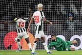 Newcastle United's Swedish striker #14 Alexander Isak scores a goal against Paris Saint-Germain's Italian goalkeeper #99 Gianluigi Donnarumma during the UEFA Champions League 1st round, day 5, Group F football match between Paris Saint-Germain (PSG) and Newcastle United at the Parc des Princes stadium in Paris, on November 28, 2023. 