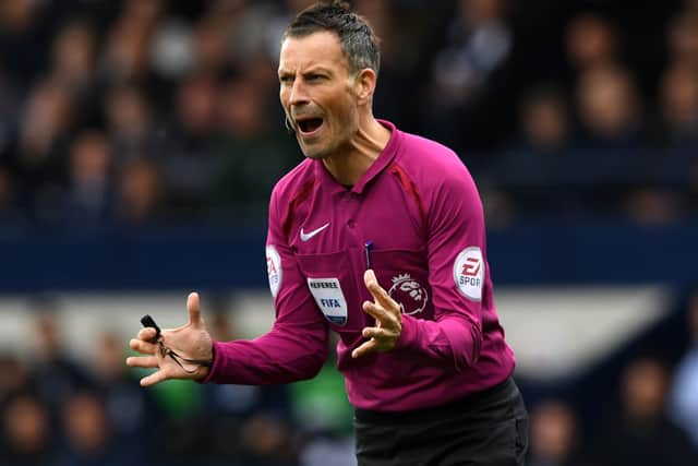 Referee, Mark Clattenburg reacts the Premier League match between West Bromwich Albion and Leicester City at The Hawthorns on April 29, 2017 in West Bromwich, England.  