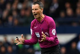 Referee, Mark Clattenburg reacts the Premier League match between West Bromwich Albion and Leicester City at The Hawthorns on April 29, 2017 in West Bromwich, England.  