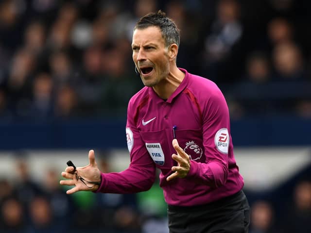 Referee, Mark Clattenburg reacts the Premier League match between West Bromwich Albion and Leicester City at The Hawthorns on April 29, 2017 in West Bromwich, England.  