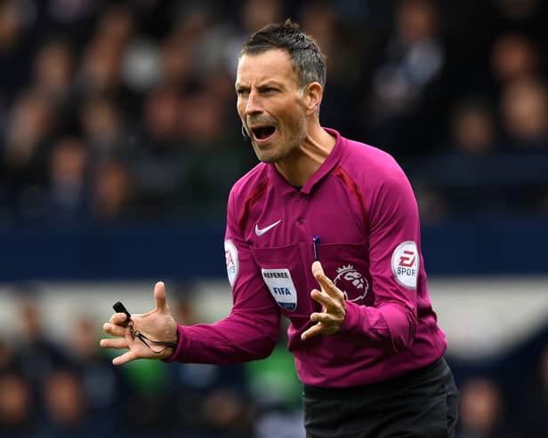 Referee, Mark Clattenburg reacts the Premier League match between West Bromwich Albion and Leicester City at The Hawthorns on April 29, 2017 in West Bromwich, England.  