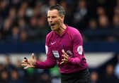 Referee, Mark Clattenburg reacts the Premier League match between West Bromwich Albion and Leicester City at The Hawthorns on April 29, 2017 in West Bromwich, England.  
