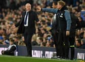 Everton's English manager Sean Dyche (L) gestures at Newcastle United's English head coach Eddie Howe.  (Photo by Oli SCARFF / AFP)