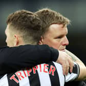 Kieran Trippier of Newcastle United is embraced by his Manager Eddie Howe after the team's defeat in the Premier League match between Everton FC and Newcastle United.(Photo by Clive Brunskill/Getty Images)