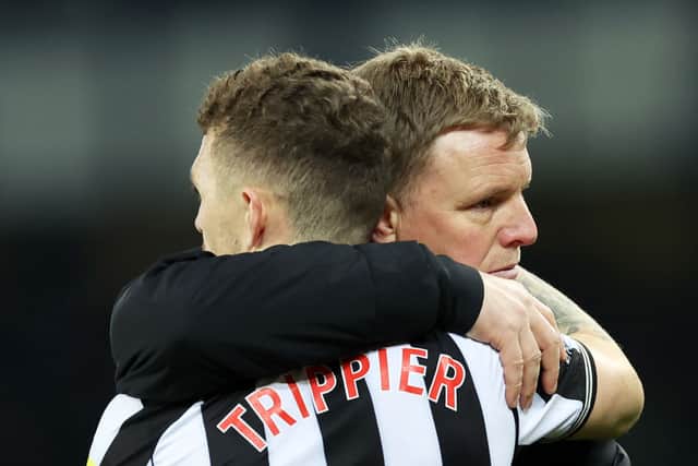 Kieran Trippier of Newcastle United is embraced by his Manager Eddie Howe after the team's defeat in the Premier League match between Everton FC and Newcastle United.(Photo by Clive Brunskill/Getty Images)