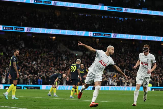 Tottenham Hotspur striker Richarlison celebrates his first goal against Newcastle United. (Photo by Adrian DENNIS / AFP) 