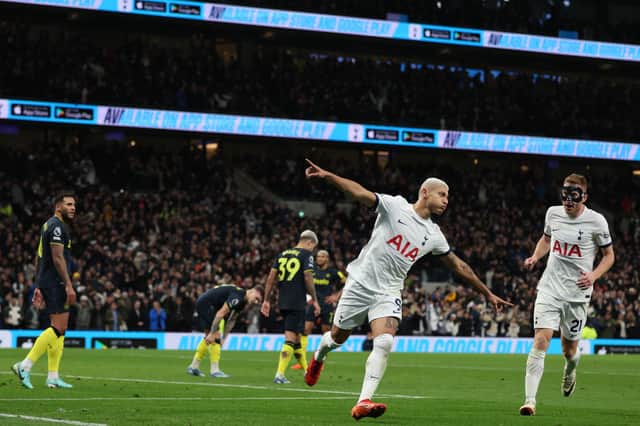 Tottenham Hotspur striker Richarlison celebrates his first goal against Newcastle United. (Photo by Adrian DENNIS / AFP)