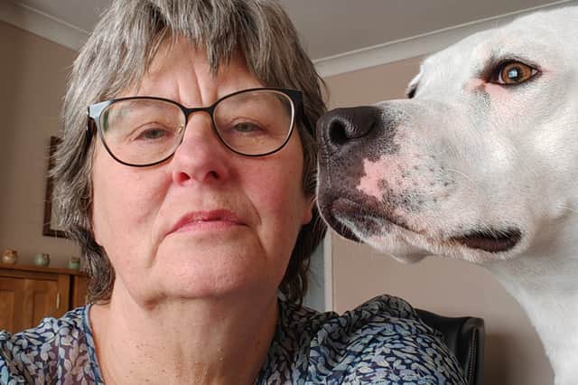 Cali at home with mum Dorothy - adopted from Dogs Trust Darlington