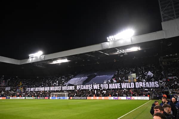 Newcastle United fans hold up a banner reading "it's not beyond our wildest dreams because we did have wild dreams" prior to the UEFA Champions League match between Newcastle United FC and AC Milan at St. James Park on December 13, 2023 (Pic: Getty)