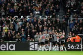 Lewis Miley of Newcastle United (obscured) celebrates with teammates after scoring their team's first goal during the Premier League match between Newcastle United and Fulham FC. (Photo by Clive Brunskill/Getty Images)