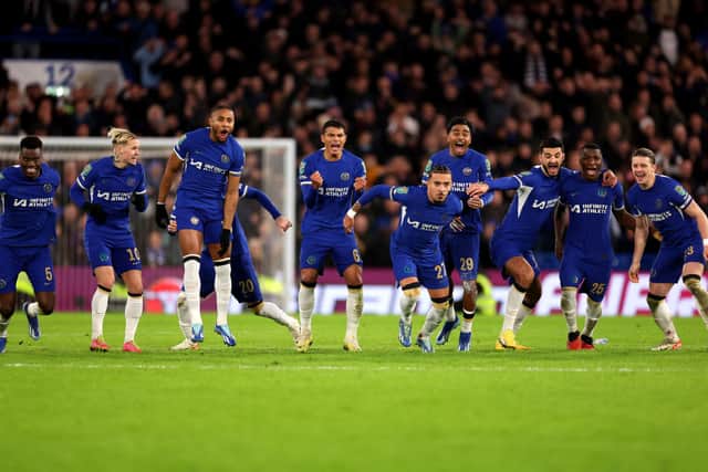 Chelsea players celebrate their Carabao Cup quarter-final win over Newcastle United. (Photo by Julian Finney/Getty Images)