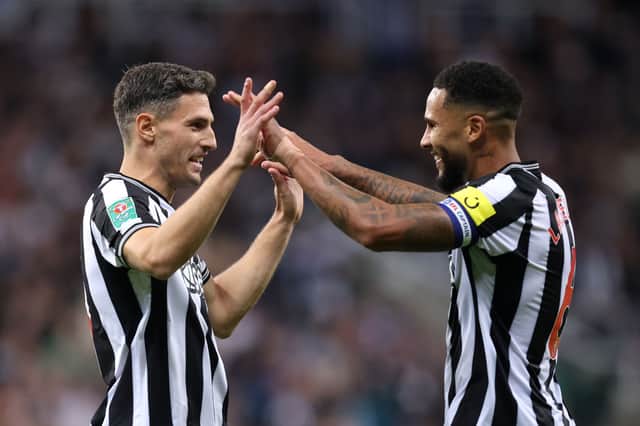 Newcastle United duo Fabian Schar & Jamaal Lascelles. (Photo by George Wood/Getty Images)