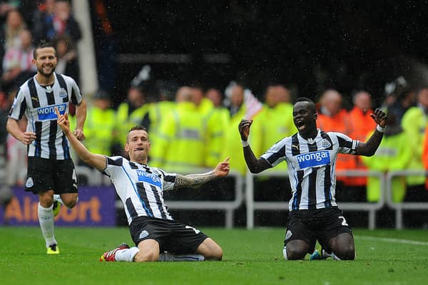 Newcastle United player Mathieu Debuchy celebrates his goal against Sunderland at Stadium of Light. (Photo by Stu Forster/Getty Images)